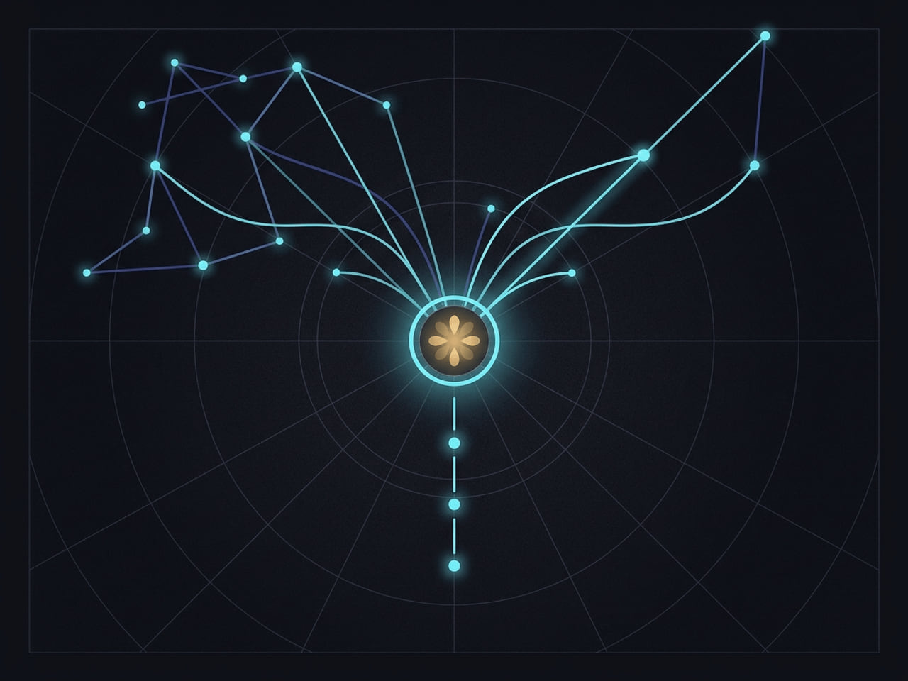 Cyan association lines converge on a single brass kernel ringed in cyan, with a short trail of cyan citation nodes leading away from it.
