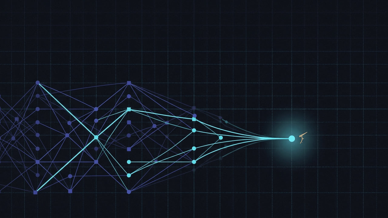 An orderly indigo lattice of associated nodes on the left whose strongest edges brighten to cyan and converge rightward into a single grounded cyan kernel.