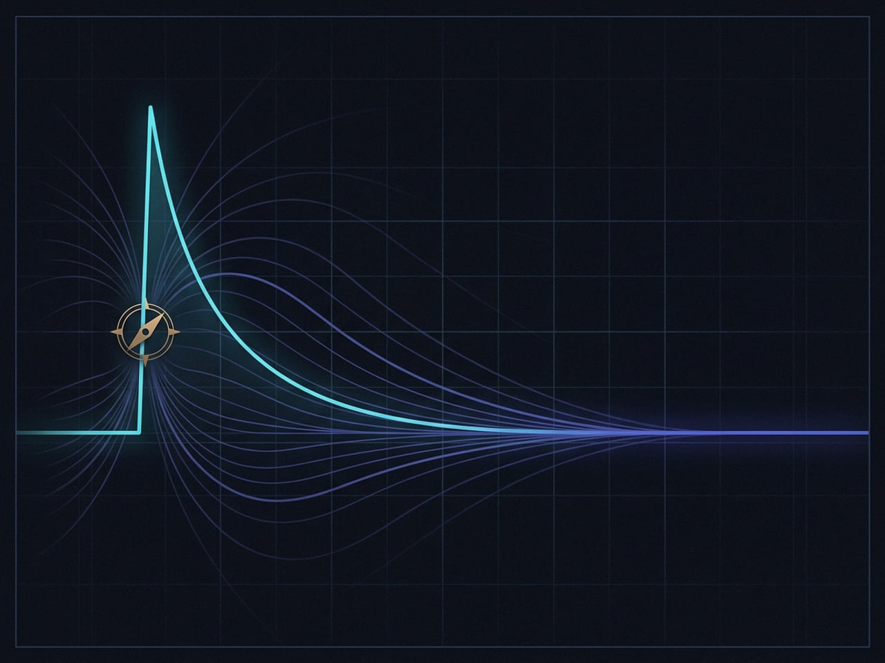 A cyan curve spiking up then relaxing to a flat settled baseline with indigo field-curves converging.