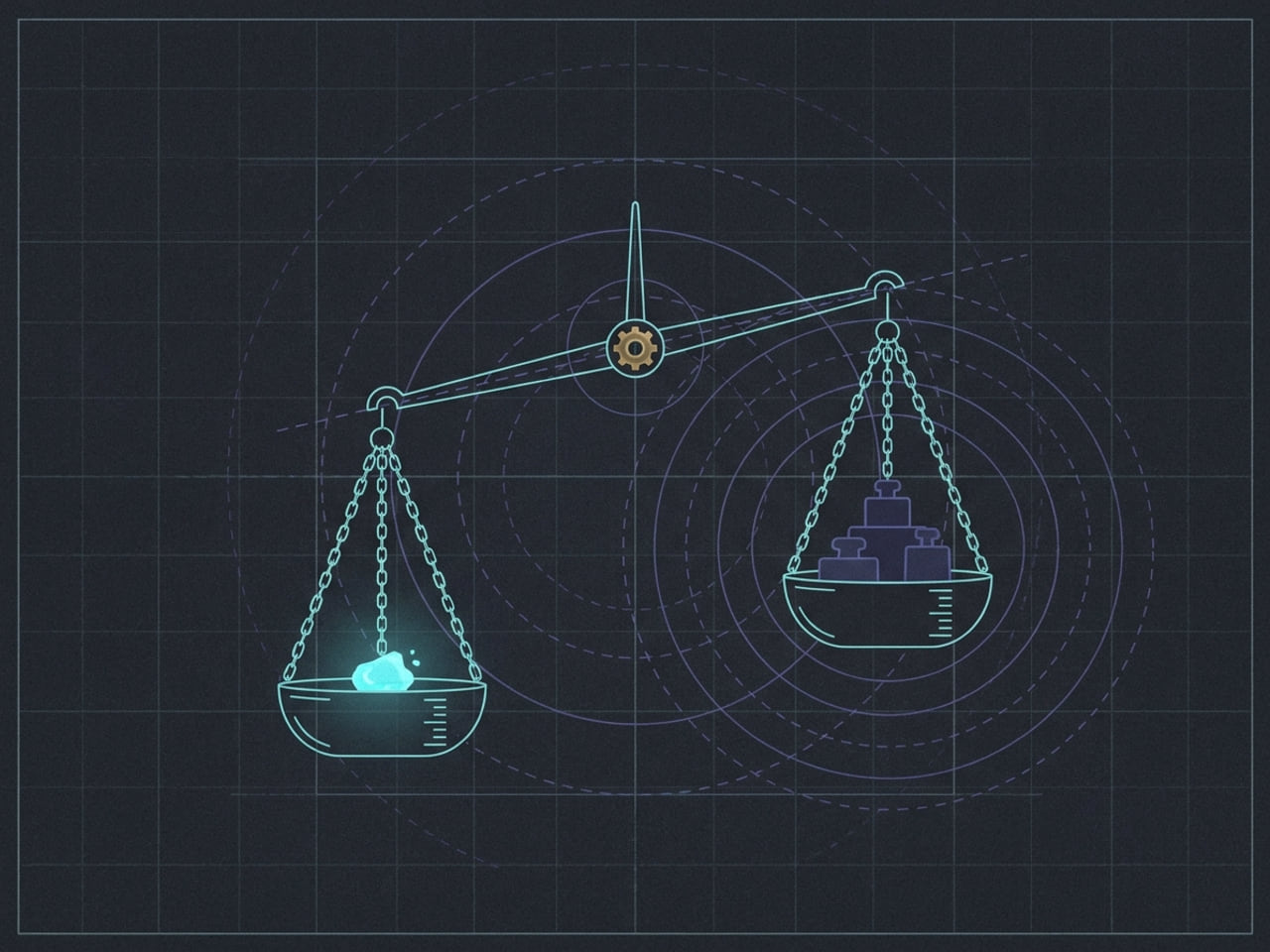 A cyan balance beam weighing a bright cyan sample against indigo counterweights, brass pivot.