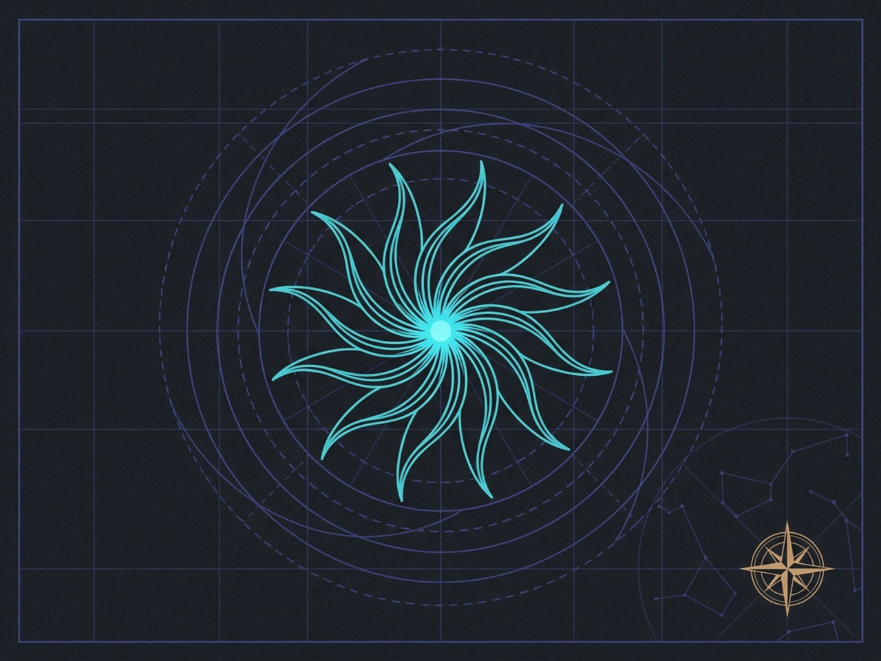 A radial whorl of slender cyan sepal-petals unfurling around one bright center.
