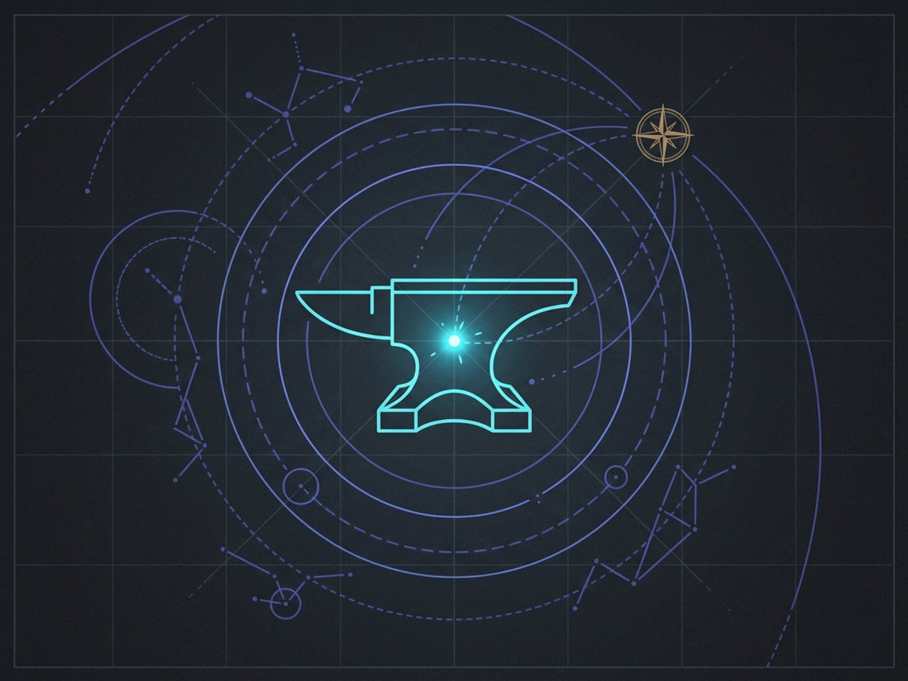 A cyan anvil with one bright cyan kernel-spark struck on its face over an indigo orbital field.