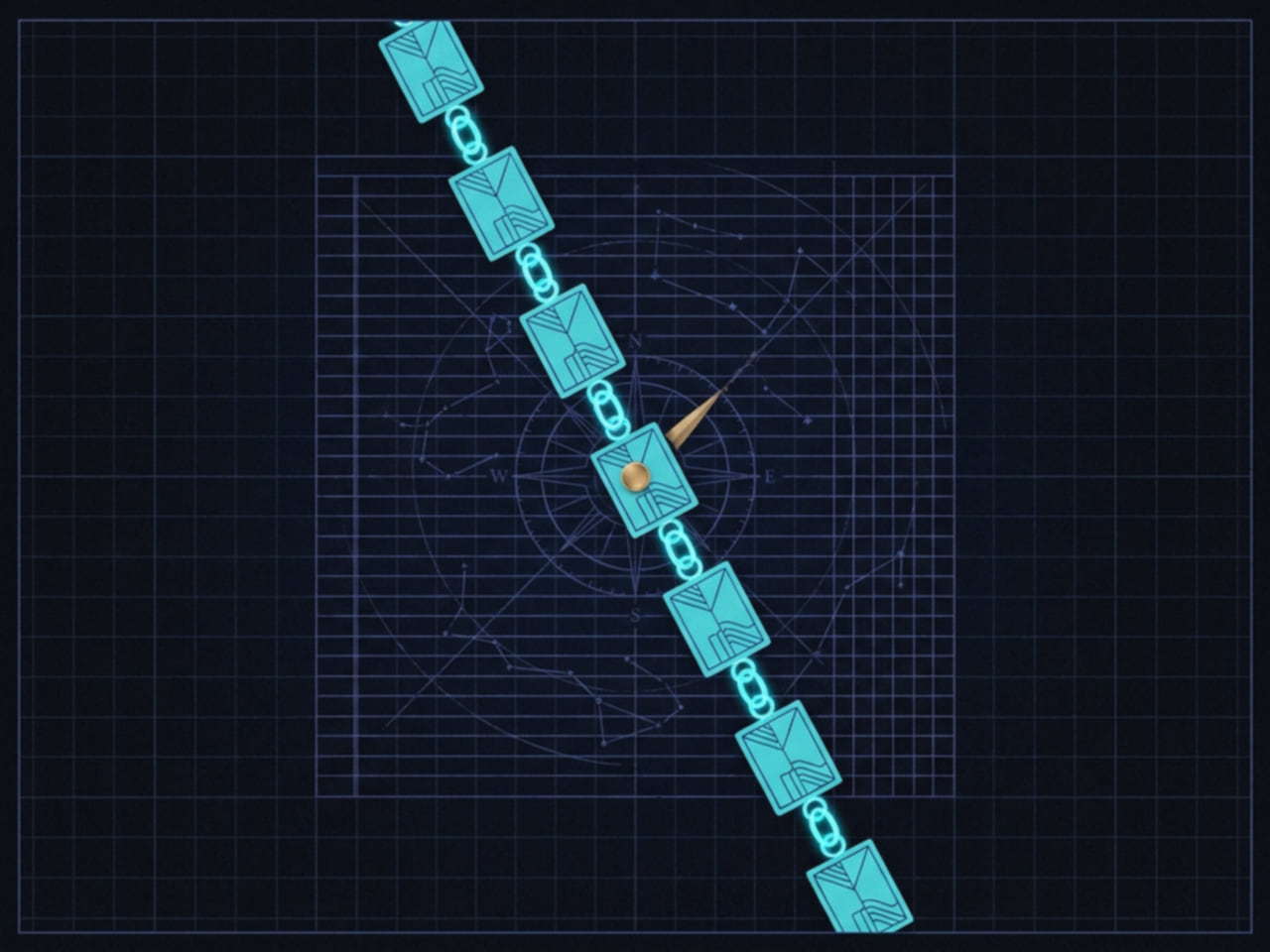 A diagonal chain of cyan blocks bound by bright links over a faint compass field.