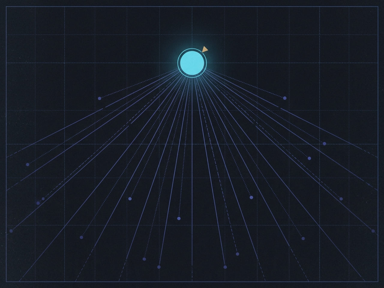 A single bright cyan pole star with thin indigo sightlines from dim field-points converging onto it.