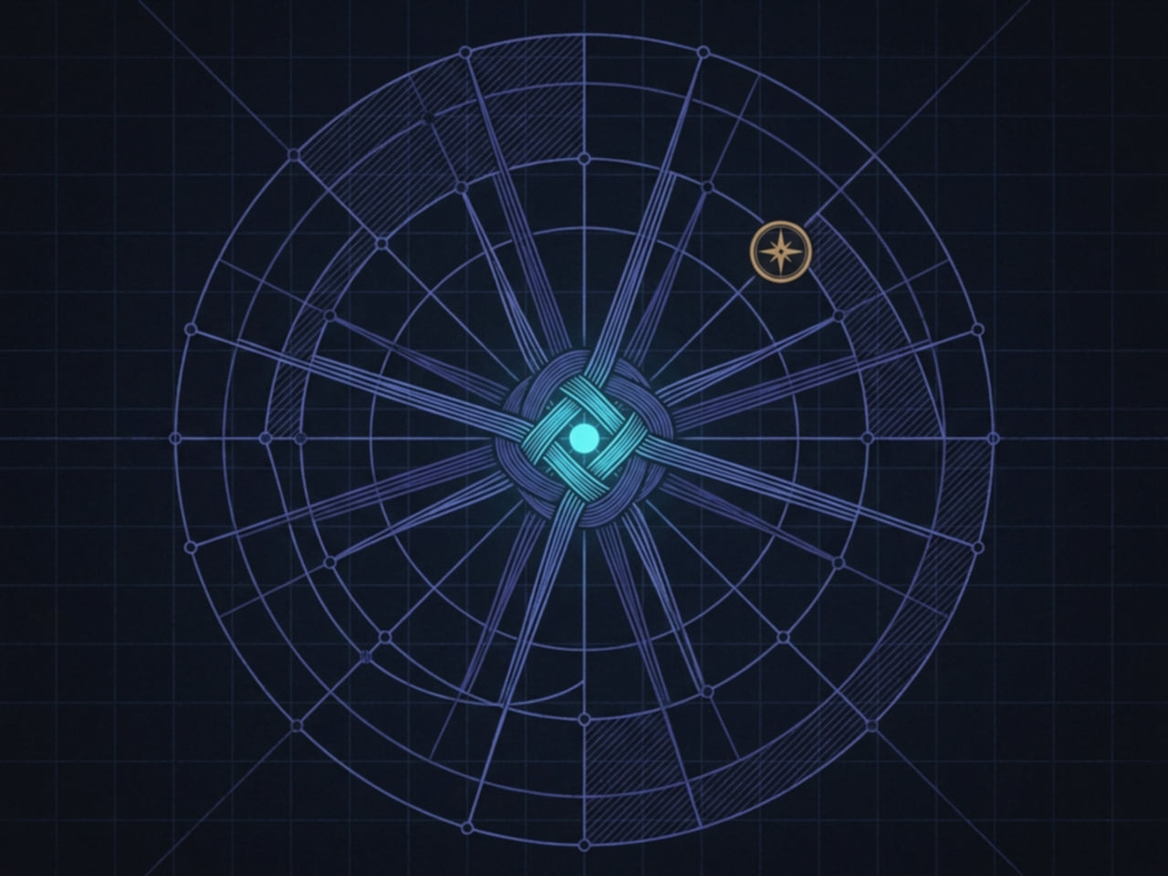 Indigo threads crossing over and under, binding at one bright cyan central node.