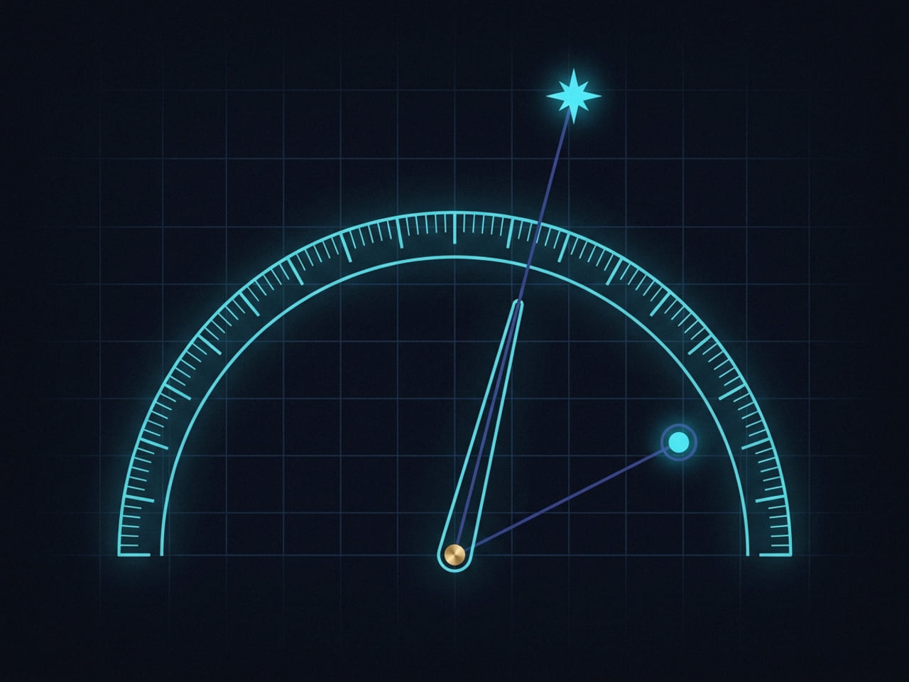 A cyan graduated sextant arc with an index arm pivoting from a brass point up a sightline to a bright star.