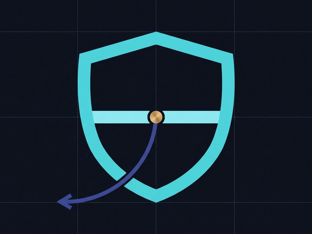 A cyan shield with a closed crossbar; an indigo query arrives at the bar and is deflected away.